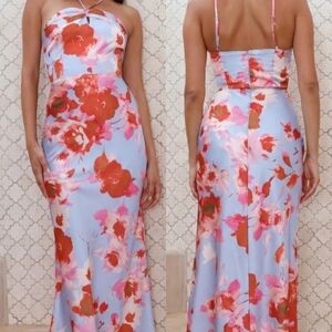 Floral Halter Maxi Dress - Pink and Blue